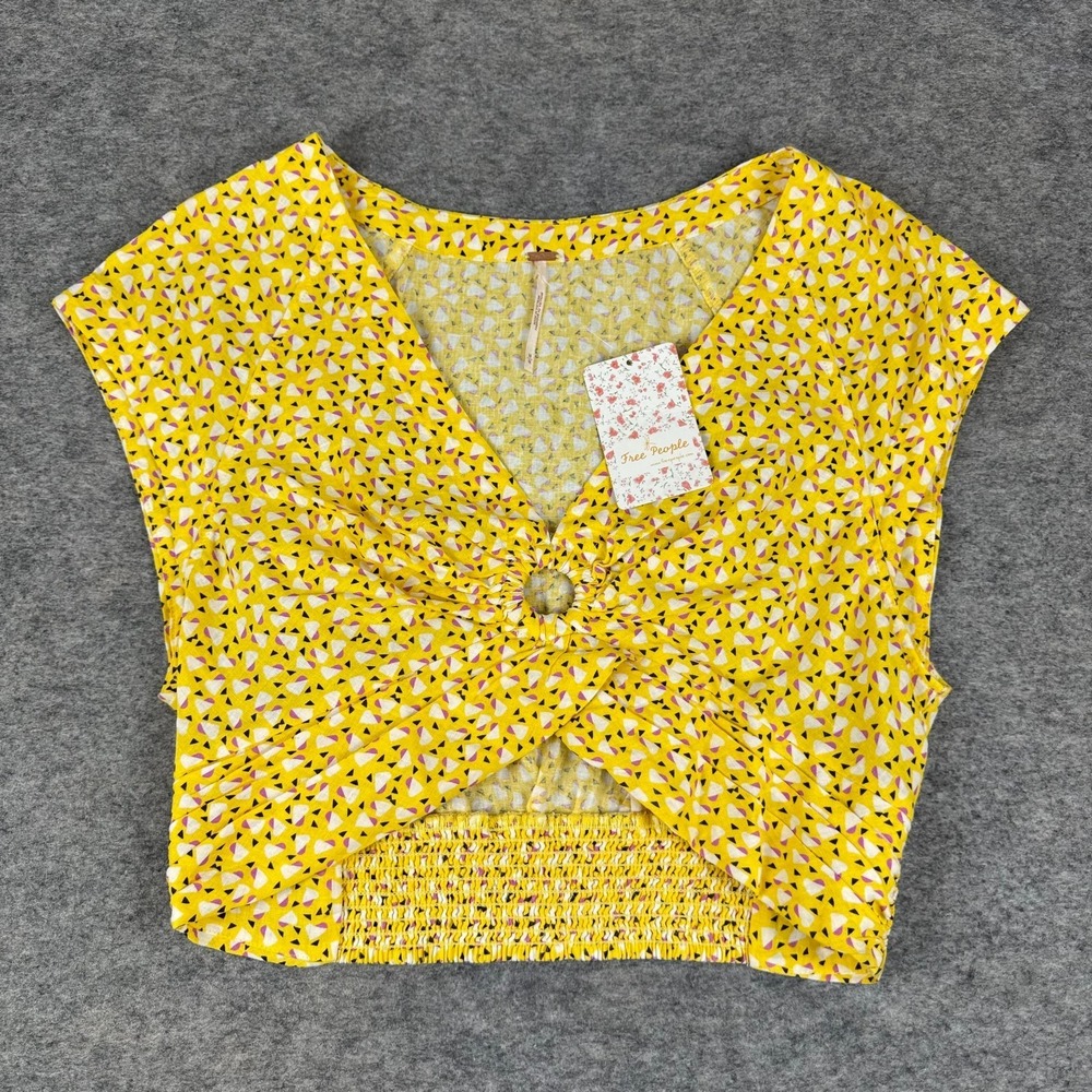 Free People Lemon Comb‎ Crop Top Geometric Linen Yellow Womens Medium M